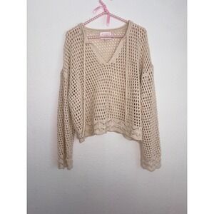 Audrey Parks Francesca's Open Knit Sweater crotchet Medium Cream Excellent Boho